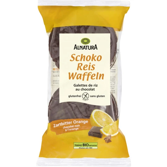 Bio Schoko Reis Waffeln Zartbitter Orange 100G 1 Bio Schoko Reis Waffeln Zartbitter Orange 100G